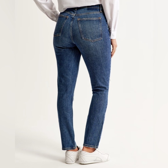 NWT Abercrombie & Fitch Solid Blue Denim Distressed Curvy Skinny High Rise Jeans - Picture 4 of 14